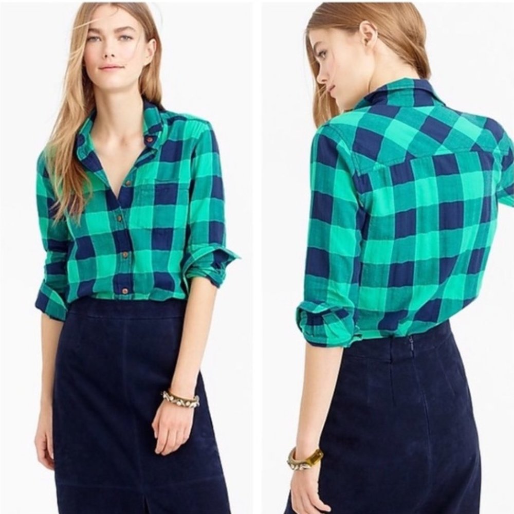 J. Crew Shrunken Boy Shirt in Emerald Plaid